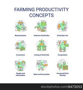 Farming productivity concept icons set. Agribusiness. Planting and cultivation idea thin line color illustrations. Isolated symbols. Editable stroke. Roboto-Medium, Myriad Pro-Bold fonts used. Farming productivity concept icons set