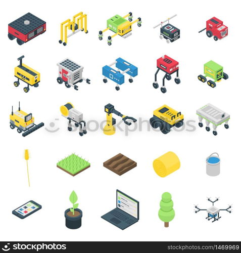 Farming robot icons set. Isometric set of farming robot vector icons for web design isolated on white background. Farming robot icons set, isometric style