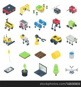 Farming robot icons set. Isometric set of farming robot vector icons for web design isolated on white background. Farming robot icons set, isometric style
