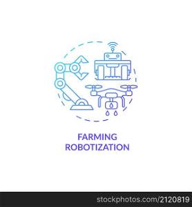 Farming robotization blue gradient concept icon. Technology for horticultural tasks abstract idea thin line illustration. Isolated outline drawing. Roboto-Medium, Myriad Pro-Bold fonts used. Farming robotization blue gradient concept icon