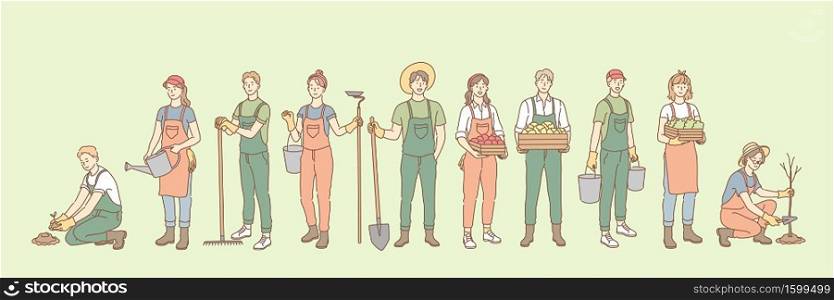 Farming, rural life, gardening, agriculture set concept. Group young of people, men, women, agricultural workers together in village farm. Planting trees, seeding. Rural lifestyle. Simple vector. Farming, rural life, gardening, agriculture set concept