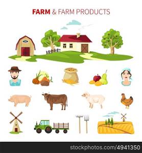 Farming Set. Flat farming set with farm products farmhouse farmers and equipment isolated on white background vector illustration