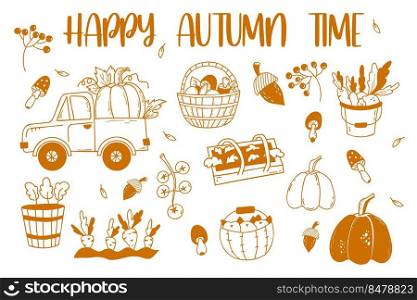 Farming set of hand drawn doodles. Pumpkin truck, carrot patch and mushroom basket, vegetable harvest and greenhouse, pumpkin, tomatoes and mushrooms. Vector illustration. Isolated outline elements