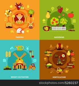 Farming Square Compositions Set. Four agriculture gardening and wheat cultivation square compositions with colorful icons of fruits plants and tools vector illustration