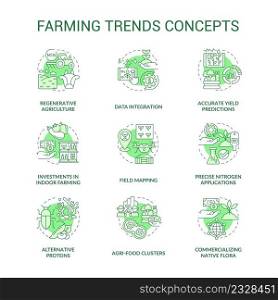 Farming trends green concept icons set. Innovations in agriculture industry development idea thin line color illustrations. Isolated symbols. Editable stroke. Roboto-Medium, Myriad Pro-Bold fonts used. Farming trends green concept icons set