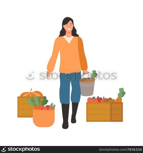 Farming woman harvesting vector, farmer carrying metal bucket with carrots, tomatoes apples in wooden containers by lady, isolated person with veggies. Woman on Harvesting Season, Lady with Carrots