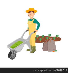 Farming woman pushing carriage with compost vector, isolated person working on plantation, harvesting and cultivation of soil, carrots and plants. Woman Working on Plantation Person with Carriage