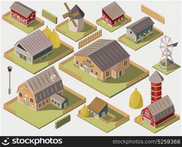 Farms Isometric Set. Set of isometric farms with mills barn and silo hay fence and street lamp isolated vector illustration