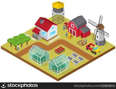 Farmyard Isometric Game Model Icon. Farmyard buildings cattle raising facilities mill tractor greenhouses beehives orchard with farmworkers 3d isometric model vector illustration