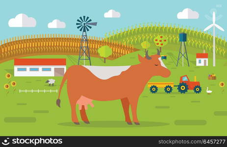 Farmyard vector illustration. Flat design. Cow standing against the farm landscape, tractor, cow, fields on background. Organic farming concept. Traditional agriculture. Modern ecological farm.. Cow on Farmyard Concept Illustration.