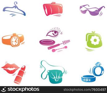 Fashion Accessories Icons Set. The colorful icons set consists of the various small fashion accessories. Editable vector EPS v9.0
