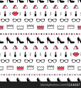 Fashion accessories pattern with black high heel shoes, lips, lipstick, sunglasses and geometric shapes in memphis style. Minimal design. Beauty background for fashionable girls in 80s. Line art. Fashion accessories pattern with black high heel shoes, lips, lipstick, sunglasses and geometric shapes in memphis style. Minimal design. Beauty background for fashionable girls in 80s. Line art.