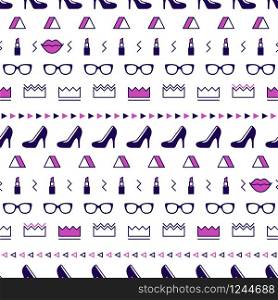 Fashion accessories pattern with black high heel shoes, lips, lipstick, sunglasses and geometric shapes in memphis style. Minimal design. Beauty background for fashionable girls in 80s. Line art. Fashion accessories pattern with black high heel shoes, lips, lipstick, sunglasses and geometric shapes in memphis style. Minimal design. Beauty background for fashionable girls in 80s. Line art.