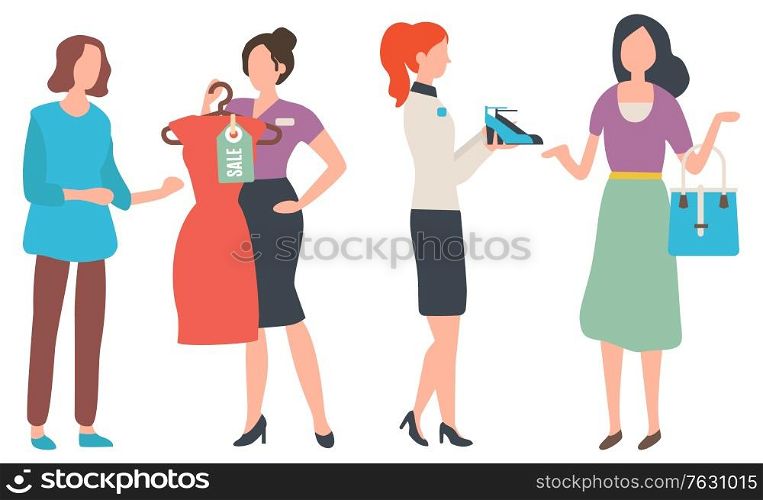 Fashion advisor of client, isolated shopping woman with handbag. Consultant showing dress and shoes to customer of shop, buying clothes. Season sale. Vector illustration in flat cartoon style. Shopping Woman and Shop Consultant at Store Set