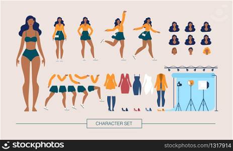 Fashion African-American Model Character Constructor Trendy Flat Vector Isolated Design Elements Set. Woman in Various Poses, Body Parts, Face Expressions, Female Clothing and Footwear Illustration