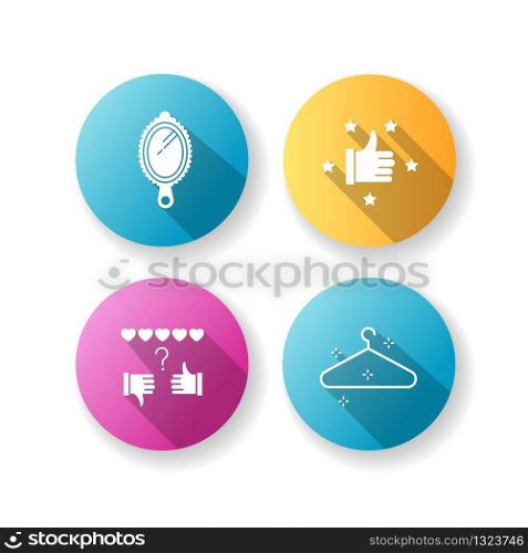 Fashion and beauty flat design long shadow glyph icons set. Recommendation with five stars. Review rate. Empty hanger. Wardrobe for clothes. Satisfaction level. Silhouette RGB color illustrations