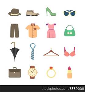Fashion and clothes accessories icons of pants shirt dress and bra vector illustration