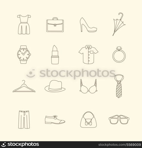 Fashion and clothes accessories icons of pants shirt dress and bra vector illustration