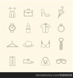 Fashion and clothes accessories icons of pants shirt dress and bra vector illustration