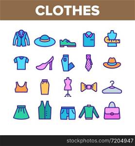 Fashion And Clothes Collection Icons Set Vector Thin Line. Shoes, Hat, Clothing Varieties And Accessories Clothes Assortment Concept Linear Pictograms. Color Contour Illustrations. Fashion And Clothes Collection Icons Color Set Vector