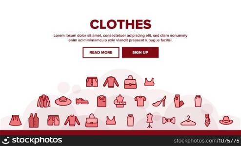 Fashion And Clothes Landing Web Page Header Banner Template Vector. Shoes, Hat, Clothing Varieties And Accessories Clothes Assortment Illustration. Fashion And Clothes Landing Header Vector