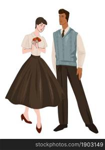 Fashion and clothes trends of 1950s, man and woman wearing traditional clothing. Stylish boyfriend and girlfriends, lady in dress and gentleman in formal suit or costume. Vector in flat style. Man and woman wearing clothes of 1950s, fashion