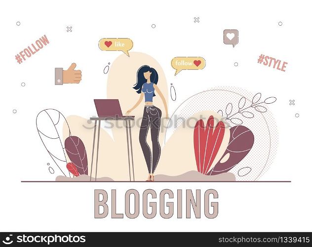 Fashion and Lifestyle Vlogger, Content Author, Social Media Reader Concept. Blogging Woman, Young Lady Subscribing to Blogger Channel, Communicating in Social Network Trendy Flat Vector Illustration