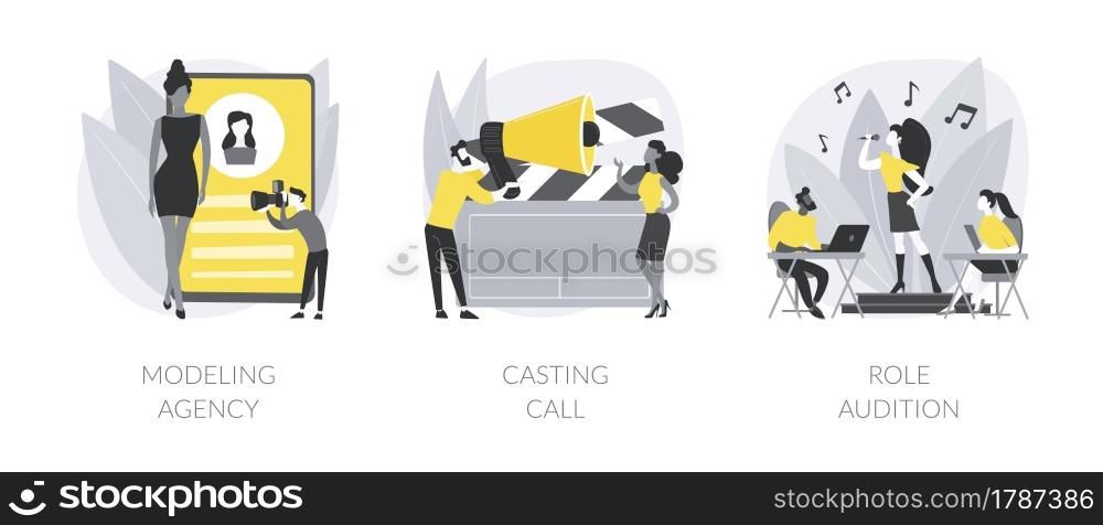 Fashion and movie industry abstract concept vector illustration set. Modeling agency, casting call, role audition, commercial shootings, brand advertising, talent search, interview abstract metaphor.. Fashion and movie industry abstract concept vector illustrations.