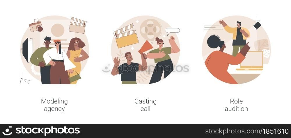 Fashion and movie industry abstract concept vector illustration set. Modeling agency, casting call, role audition, commercial shootings, brand advertising, talent search, interview abstract metaphor.. Fashion and movie industry abstract concept vector illustrations.