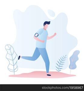 Fashion and slim jogging caucasian guy,outdoor fitness,male runner with smartphone and white headphones,nayure view on background,trendy flat vector illustration