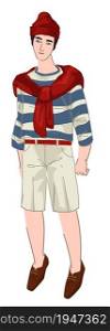Fashion and stylish apparels for summer, male character representing nautical outfit with shorts and hat, sweater and shoes. Modern outlook for boys and fashionable teenagers. Vector in flat style. Nautical clothes style on man clothing and fashion