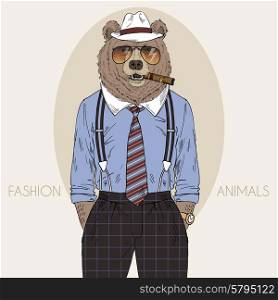fashion animal illustration, furry art design, bear man with cigar