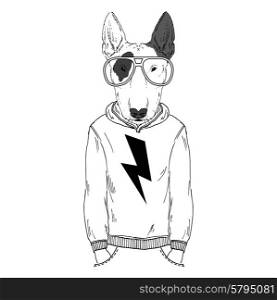 fashion animal illustration, furry art design, bullterrier boy wearing hoodie