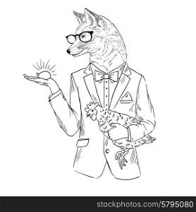 fashion animal illustration, furry art design, fax man with the chicken