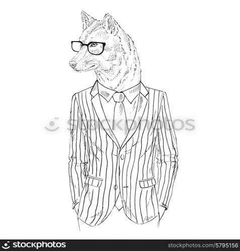 fashion animal illustration, furry art design, wolf man wearing office suit