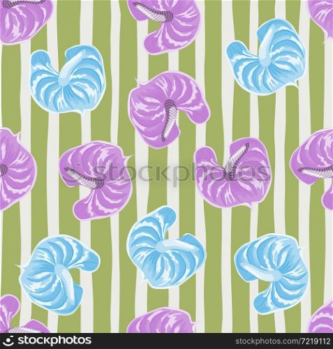 Fashion anthurium flowers seamless pattern on stripe background. Vintage tropical botanical wallpaper. Exotic hawaiian plants backdrop. Design for fabric , textile print, surface, wrapping, cover. Fashion anthurium flowers seamless pattern on stripe background. Vintage tropical botanical wallpaper.