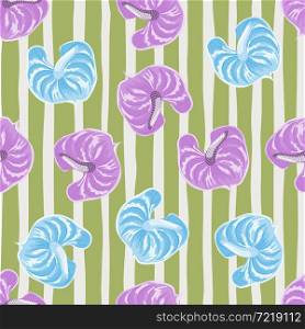 Fashion anthurium flowers seamless pattern on stripe background. Vintage tropical botanical wallpaper. Exotic hawaiian plants backdrop. Design for fabric , textile print, surface, wrapping, cover. Fashion anthurium flowers seamless pattern on stripe background. Vintage tropical botanical wallpaper.