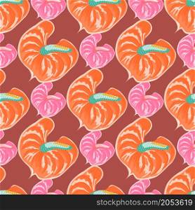 Fashion anthurium flowers seamless pattern. Trendy exotic hawaiian plants backdrop. Tropical botanical wallpaper. Design for fabric , textile print, surface, wrapping, cover. Vector illustration. Fashion anthurium flowers seamless pattern. Trendy exotic hawaiian plants backdrop.