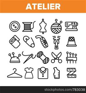 Fashion Atelier And Sewing Linear Vector Icons Set. Atelier, Tailor Shop Thin Line Contour Symbols Pack. Needlework, Dressmaking Studio Pictograms Collection. Stitching Equipment Outline Illustrations. Fashion Atelier And Sewing Linear Vector Icons Set
