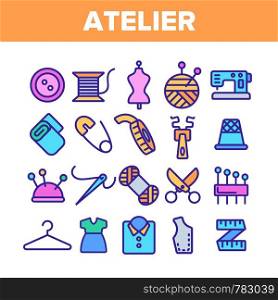 Fashion Atelier And Sewing Linear Vector Icons Set. Atelier, Tailor Shop Thin Line Contour Symbols Pack. Needlework, Dressmaking Studio Pictograms Collection. Stitching Equipment Outline Illustrations. Fashion Atelier And Sewing Linear Vector Icons Set