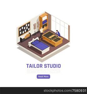 Fashion atelier haute couture studio interior isometric view with designer and tailor tracing garment patterns vector illustration