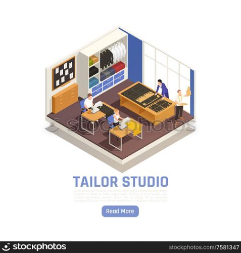 Fashion atelier haute couture studio interior isometric view with tailor at cutting table seamstress sewing vector illustration