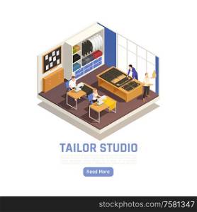 Fashion atelier haute couture studio interior isometric view with tailor at cutting table seamstress sewing vector illustration