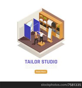 Fashion atelier studio custom tailored t shirt with perfect fit isometric composition with measuring client vector illustration