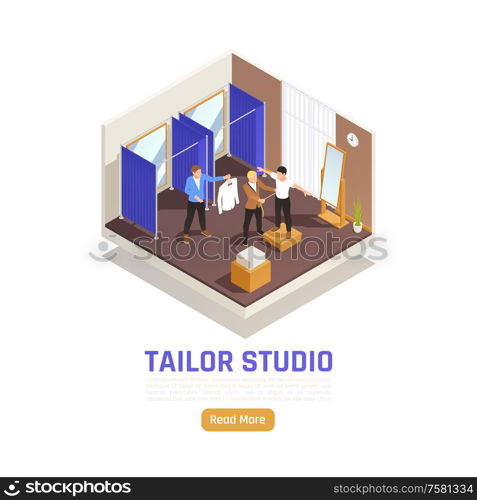 Fashion atelier studio garment alteration service isometric composition with tailor measuring client assistant holding shirt vector illustration