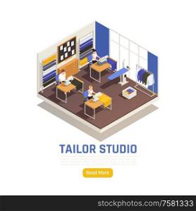 Fashion atelier studio interior isometric composition with dressmakers working at sewing machines tailored shirts rack vector illustration