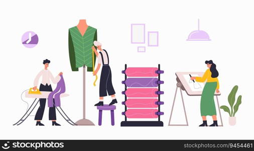 Fashion atelier workers, sewing, dressmaking workshop interior. Vector of atelier worker, tailor sewing illustration. Fashion atelier workers, sewing, dressmaking workshop interior