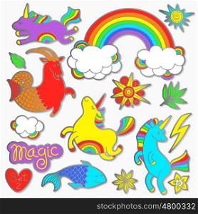 Fashion badge elements in cartoon 80s-90s comic style. Set modern trend doodle pop art sketch.. Fashion badge elements in cartoon 80s-90s comic style. Set modern trend doodle pop art sketch with rainbow unicorns. Vector clip art illustration isolated.