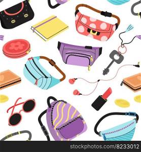 Fashion bags seamless pattern. Girly waist bag, fabric backpack, sunglasses and makeup cosmetics. Travel accessories, fancy handbag decent vector background. Illustration of handbag fashion. Fashion bags seamless pattern. Girly waist bag, fabric backpack, sunglasses and makeup cosmetics. Travel accessories, fancy handbag decent vector background