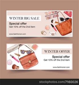 Fashion banner design with bags, cosmetics watercolor illustration.